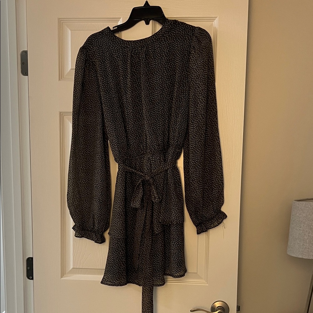 Very J Black Long-Sleeve Polka Dot Tie-Waist Dress